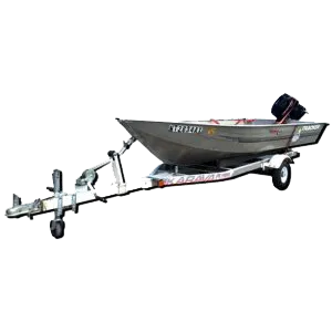 Silver aluminum boat on a trailer, ready for transport.