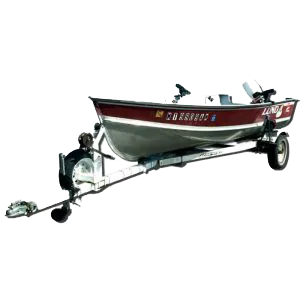 Boat on a trailer, silver hull with red trim, white trailer, isolated on white.