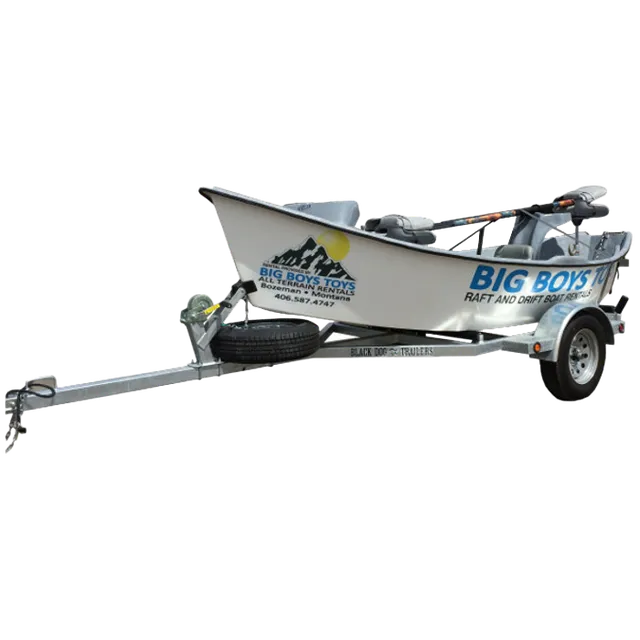 A small aluminum boat on a trailer, branded