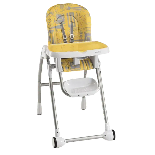 Yellow and gray high chair with utensils pattern, white tray, and metal legs.