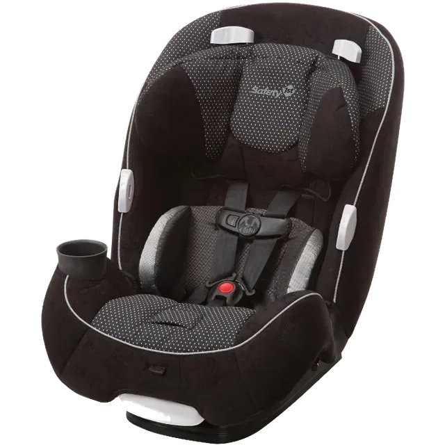 Black and gray Safety 1st convertible car seat with cup holder; dots pattern.