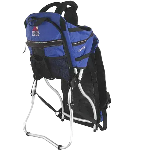 Blue and black child carrier backpack with silver frame.