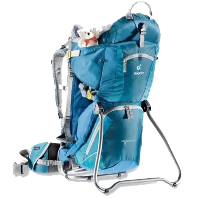 Blue Deuter kid carrier backpack with a child's seat, stuffed animal, and metal frame.