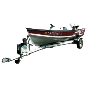 Boat on a trailer, silver hull with red trim, white trailer, isolated on white.