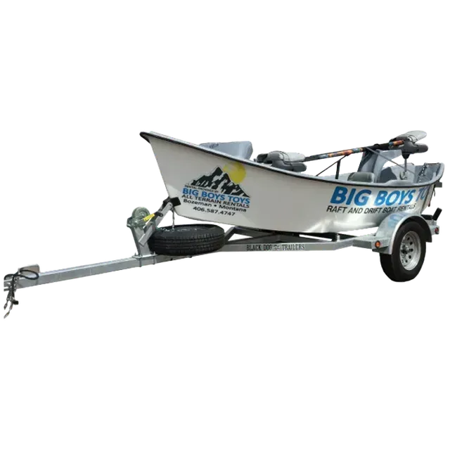 A small aluminum boat on a trailer, branded