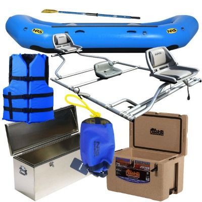 Blue raft with oars, seats, life vest, cooler, and dry bag for water activities.