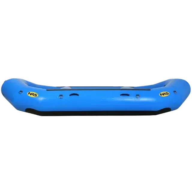 Blue NRS inflatable raft with black bottom, on a white background.