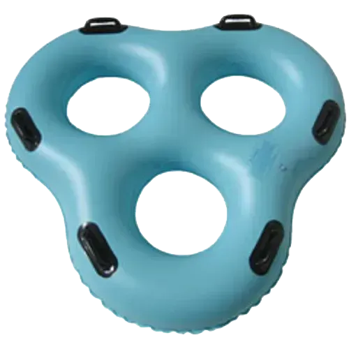 Light blue three-person inflatable water tube with black handles.