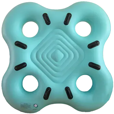 Light blue, inflatable, four-person floating island with black handles and central seating area.