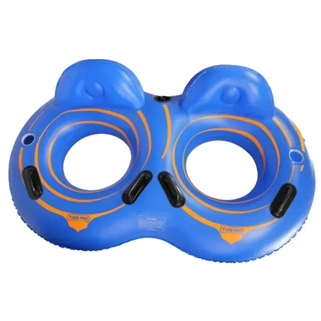 Blue double-rider inflatable tube with orange accents, ear-shaped headrests, and handles.