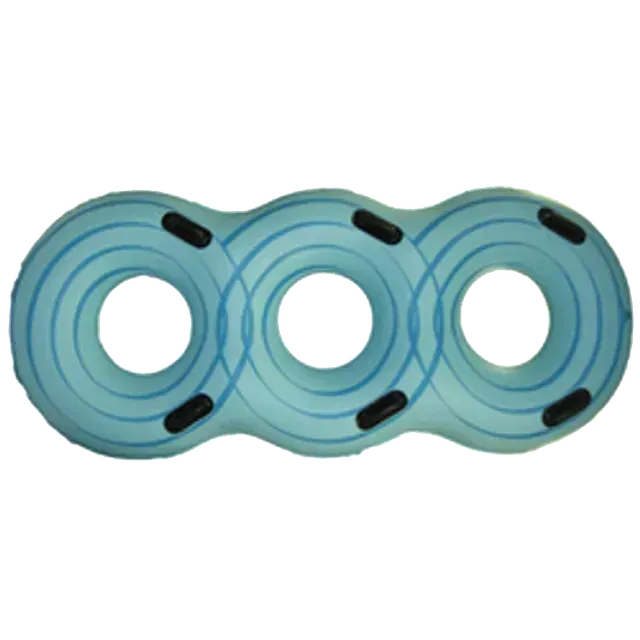 Blue triple-tube pool float with three circular openings and black handles.