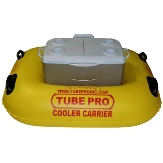 Yellow inflatable cooler carrier with a gray cooler in the center.