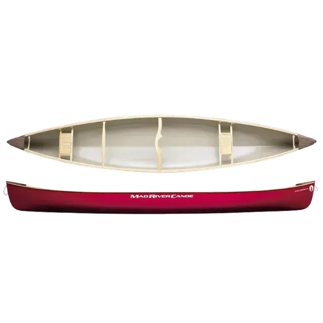Red Mad River canoe, interior and side view, on white background.