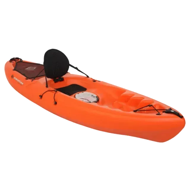 Orange kayak with black seat on a white background.
