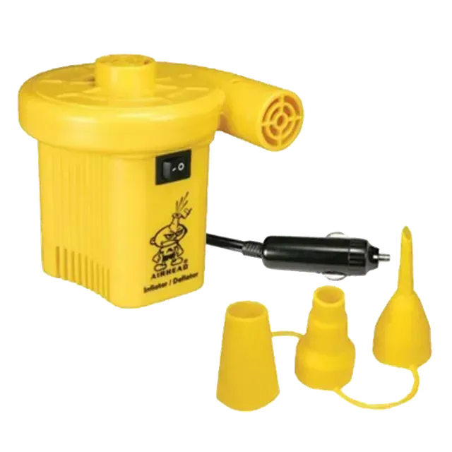 Yellow electric air pump with three nozzle attachments and a power cord.