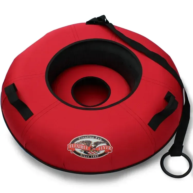 Red snow tube with black accents and handles, a tow rope, and a logo.