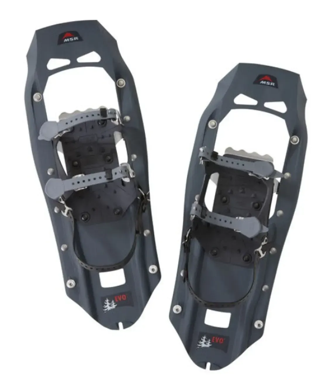 Pair of dark gray snowshoes, with gray straps and metal spikes, ready for snow.