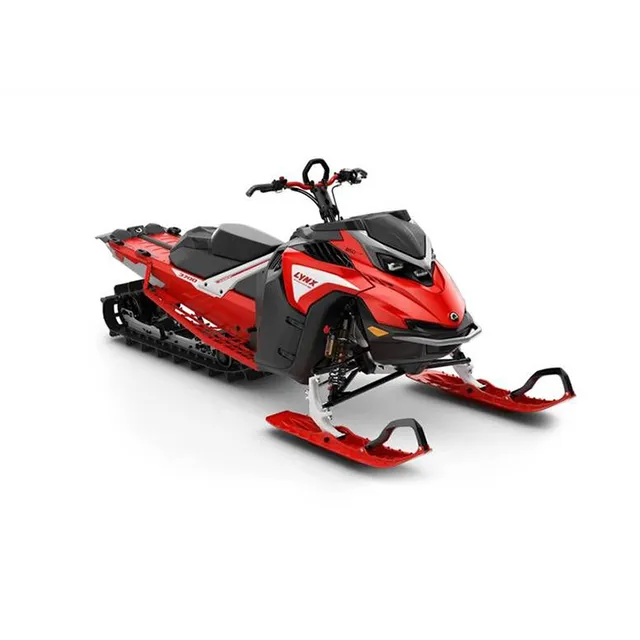 Red snowmobile on a white background, angled right.
