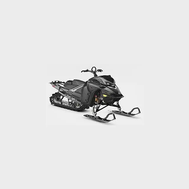 Black and gray snowmobile on a white background, angled view.