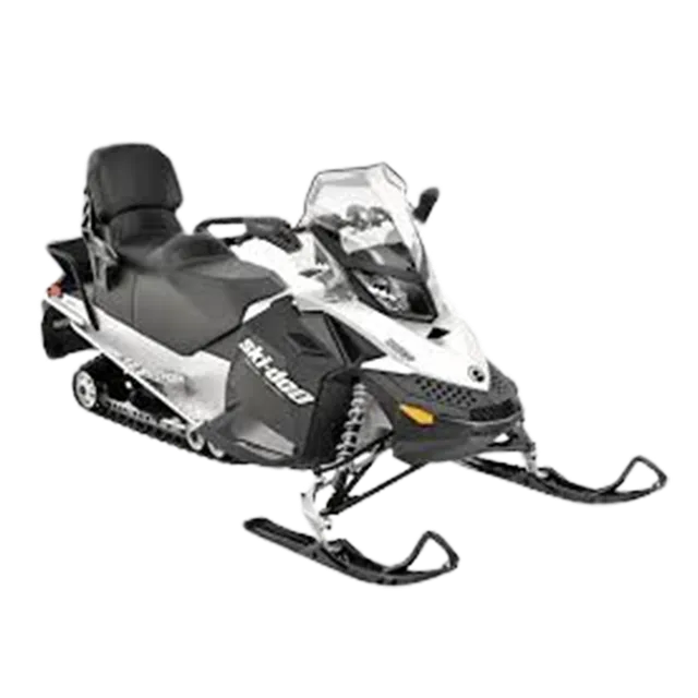 White and black Ski-Doo snowmobile on a white background, viewed from the side.