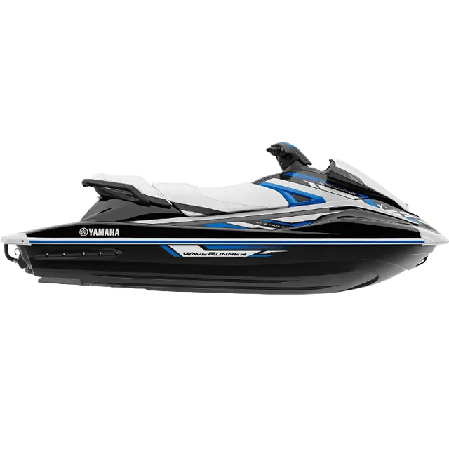 Black, white, and blue Yamaha WaveRunner jet ski on a white background.