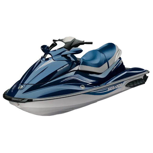 Blue Sea-Doo jet ski on white and blue hull.