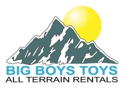 Logo for Big Boys Toys All Terrain Rentals: mountain, sun, teal and white text.