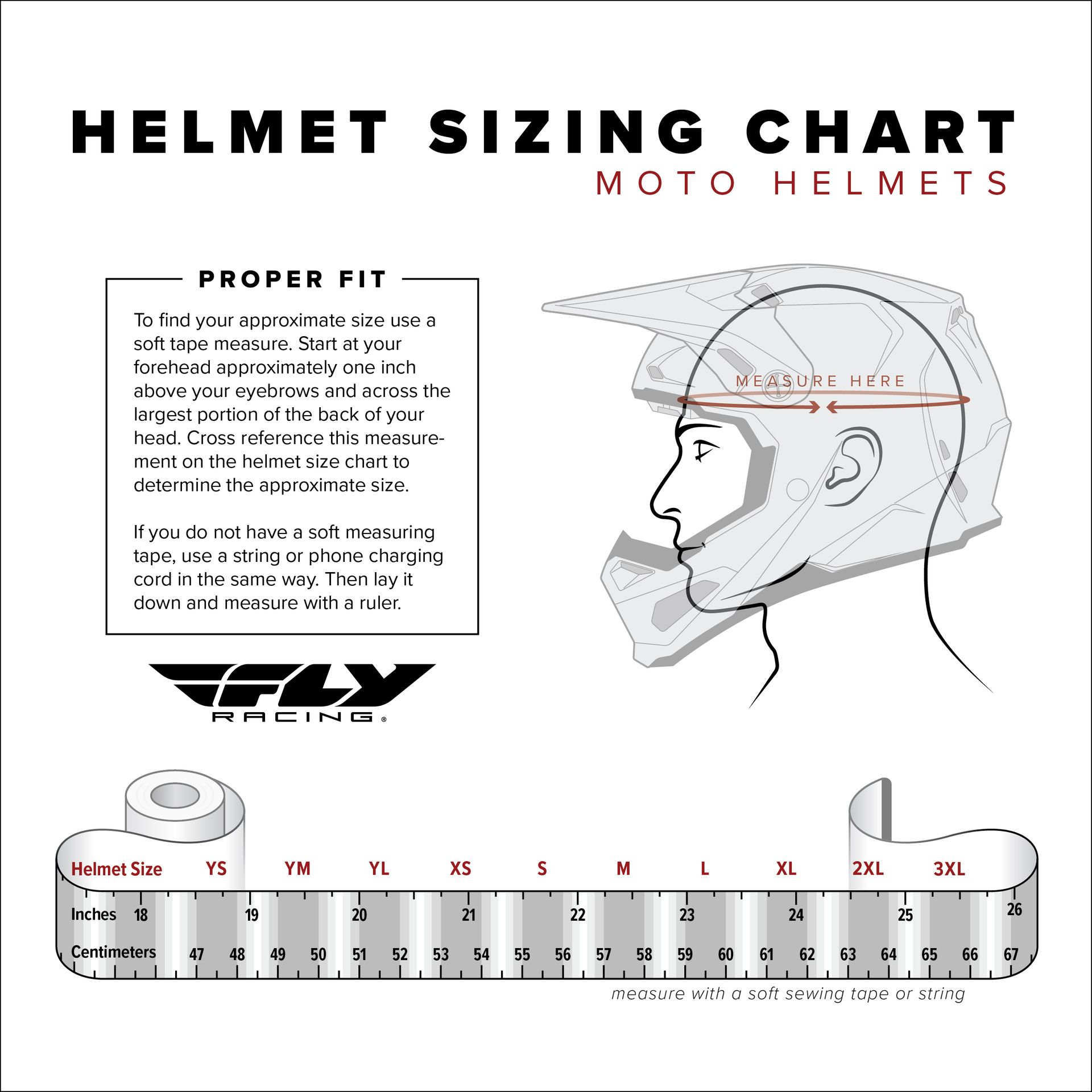 Helmet sizing chart with instructions on how to measure head circumference for a motorcycle helmet, with measuring tape graphic.