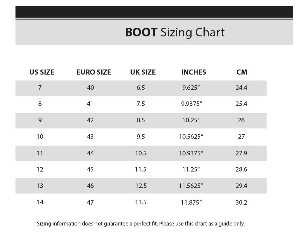 Boot sizing chart with US, Euro, UK sizes, inches, and cm measurements.