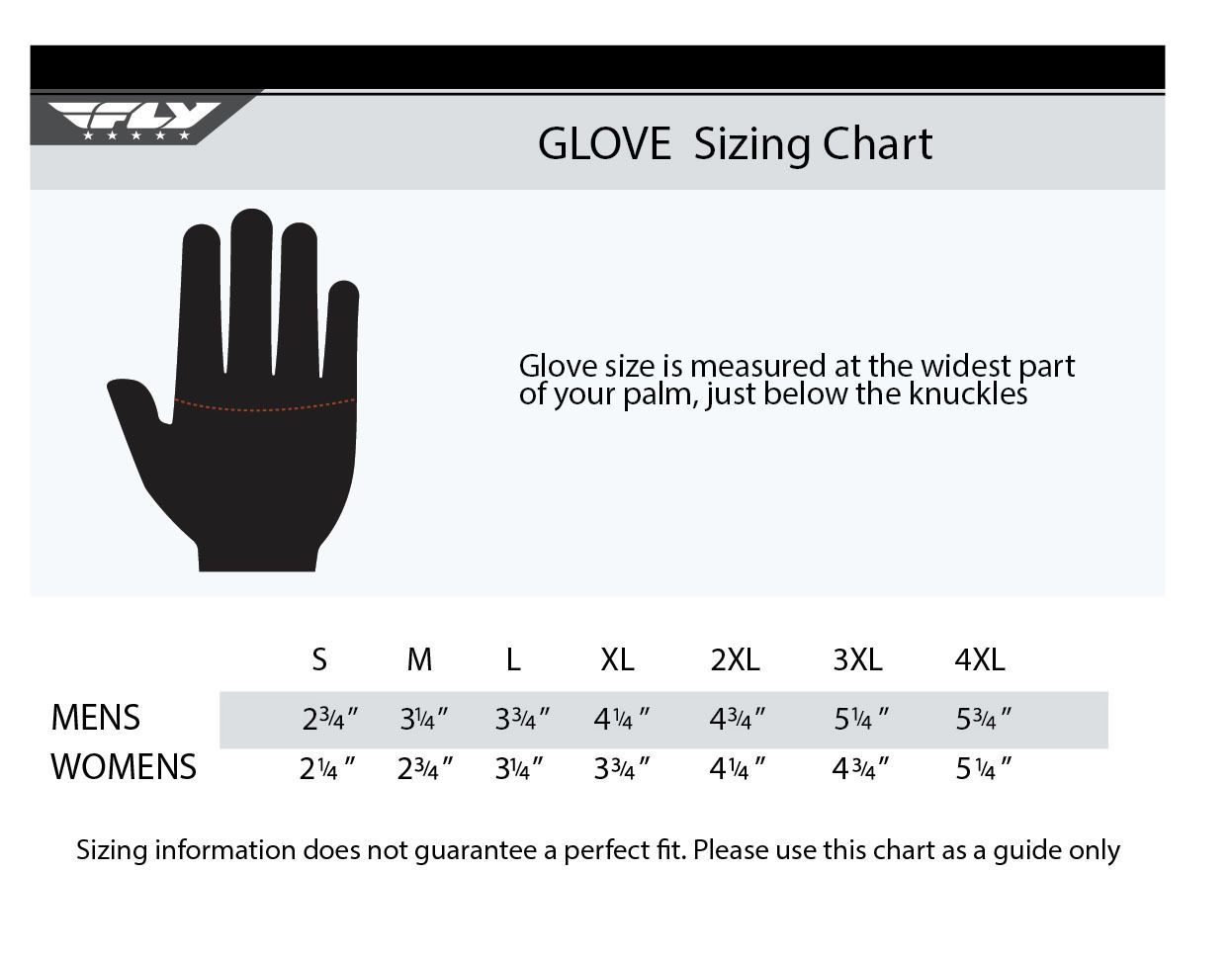 Glove sizing chart with hand silhouette and measurements in inches for men and women.