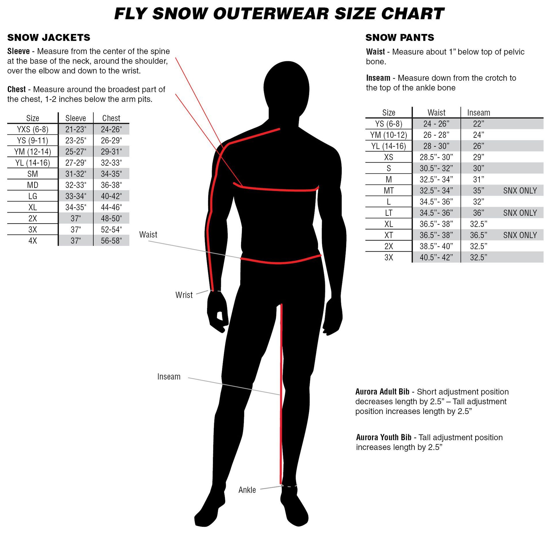 Fly Snow Outerwear size chart showing measurements on a male silhouette for jackets and pants.