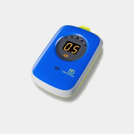 Blue and yellow handheld device with a digital display showing '0.5'.