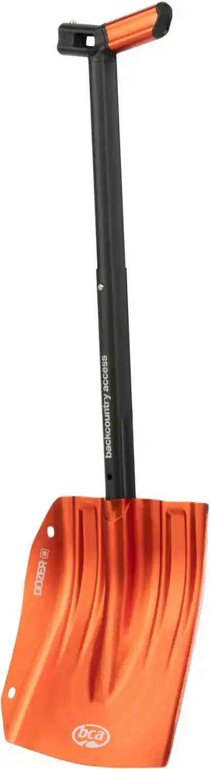 Orange and black avalanche shovel with a T-shaped handle.