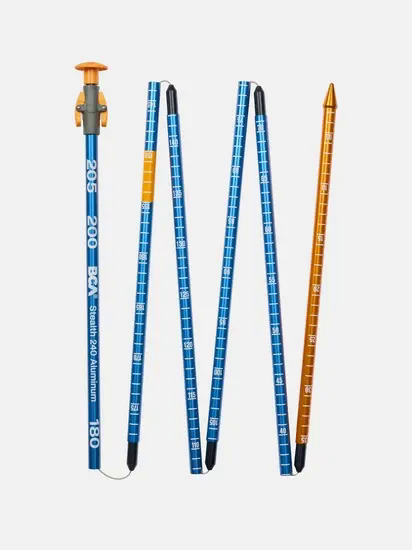 Blue and gold collapsible avalanche probe on a white background.