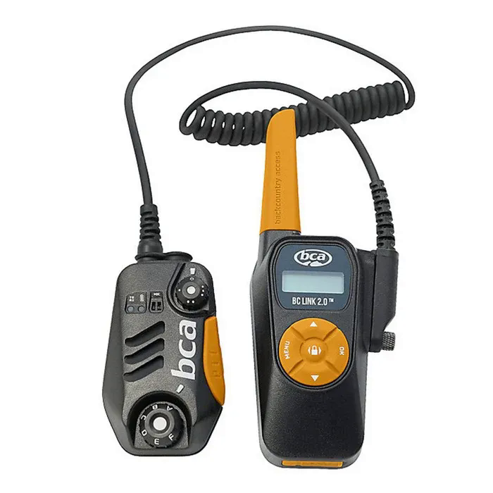 Black and orange BCA BC Link 2.0 radio with speaker mic, coiled cord, and digital display.