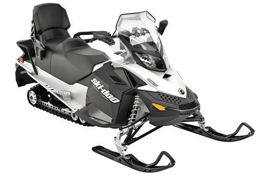 White and black Ski-Doo snowmobile on a white background, viewed from the side.