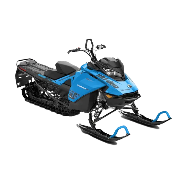 Blue and black snowmobile on a white background.