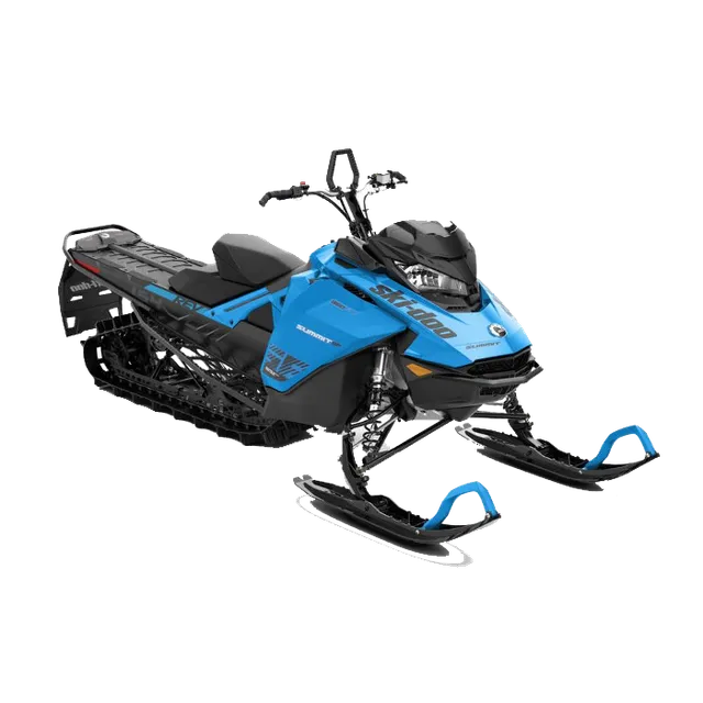 Blue and black snowmobile on a white background.