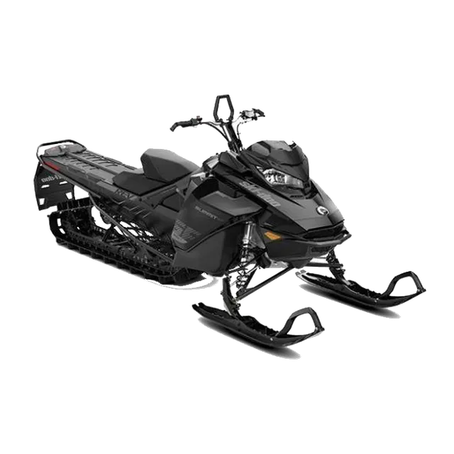 Black snowmobile on a white background, angled view.