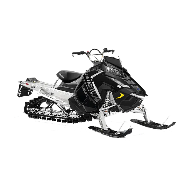 Black and white snowmobile on a white background, angled right.