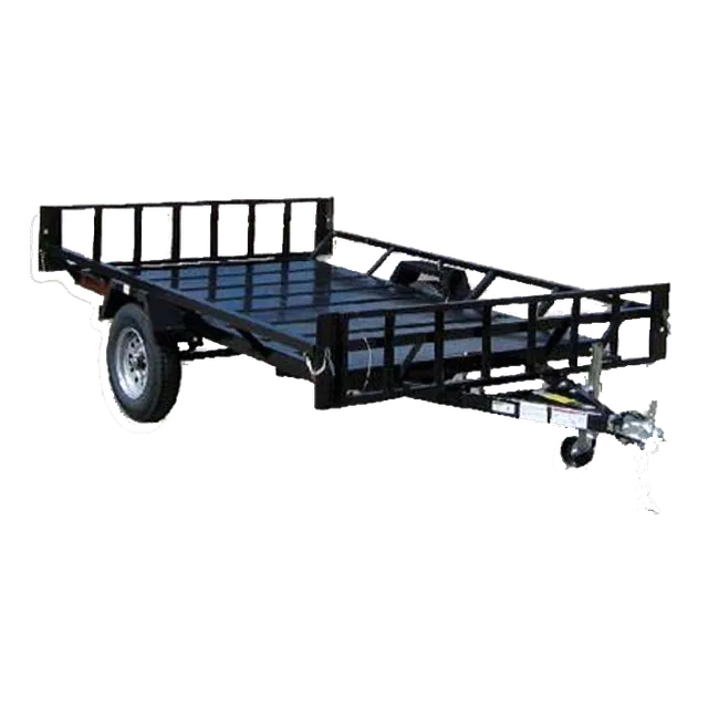 Black utility trailer with side rails and ramp, on a white background.