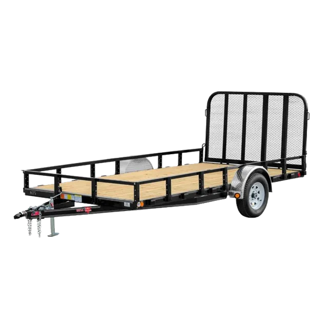 Black utility trailer with mesh back, wooden bed, and tires on white background.
