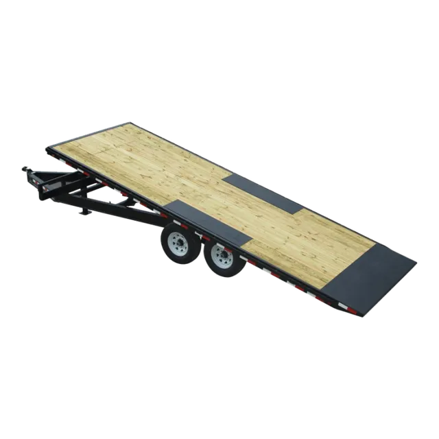 Black and wood-colored trailer with two axles. The rear is a ramp. The setting is outdoors.