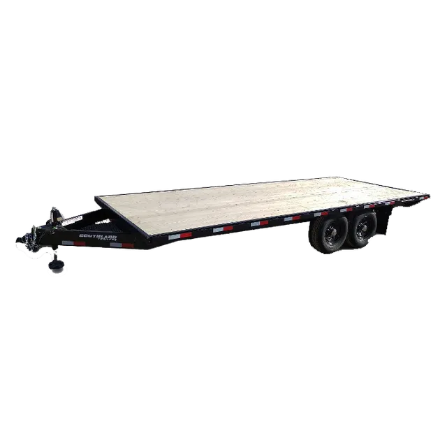 Black and brown flatbed trailer with three axles on white background.