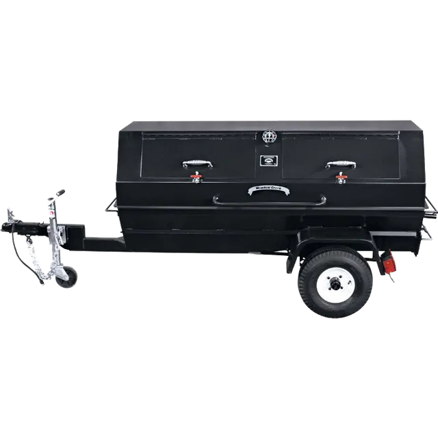 Black utility trailer with a storage box, white tires, and hitch.