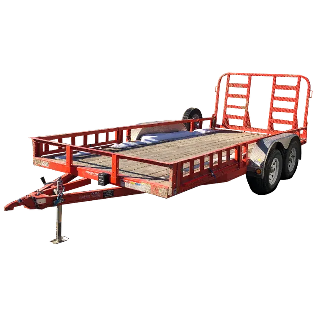 Red open utility trailer with a raised front and rear, white background.