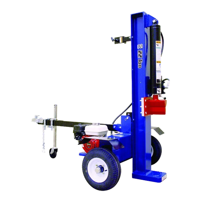 Blue and red gas-powered log splitter with trailer hitch and wheels.