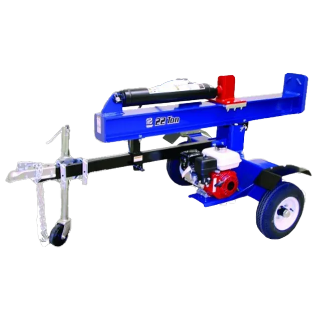 Blue and red gas-powered log splitter with wheels and a hitch, outdoors.