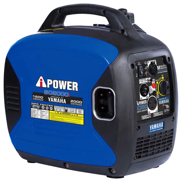 Blue and black iPower SG2000 Yamaha portable generator with carrying handle and outlets.