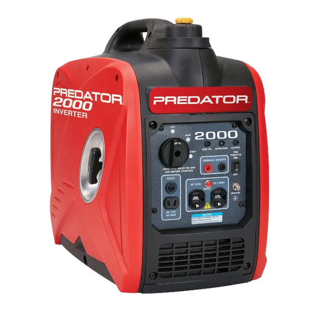 Red and black Predator 2000 inverter generator with control panel, handle, and fuel cap.